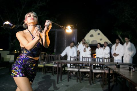 Pic shows: Moment of the show in the nudist restaurant. By Ana Lacasa A new nude restaurant on one of Spain's most popular holiday islands is set to become a hit with British holidaymakers. The Innato Tenerife eatery - which opened this week - encourages diners to peel off for a mouth-watering menu in what owners describe as an "orgasmic atmosphere." Diners have to check in their smartphones and cameras to spare other customers' blushes before they are led to a changing room to strip down to a bathrobe. Then they walk to their candlelit table where they take off the robes and soak up the intimate atmosphere. Discreet bamboo partitions screen tables from each other so customers are able to let themselves go without the fear of being seen. Specials include the "aphrodisiac menu" served on male and female models who serve as human tables, with just the odd fig or vine leaf to cover their modesty. Especially popular is the 'Happy Endings' dessert, where the models smother themselves in melted chocolate sauce so diners can dip their strawberries. Other favourites on the 150-EUR (129-GBP) a head menu include a dish called Pulp Fiction, with octopus, potato and paprika, and Olindo Lobster, with lobster mango, mustard and brandy. Owner Tony de Leonardis - who was inspired by London's The Bunyadi pop-up restaurant - says customers at his venue in San Isidro soon get used to eating in the buff. And some, reports local media, have revealed that the experience even revives their love lives. (ends)