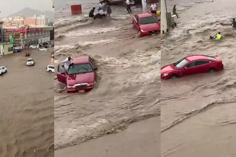 فيديو: سيول وأمطار طوفانية تتلاعب بالسيارات بمكة